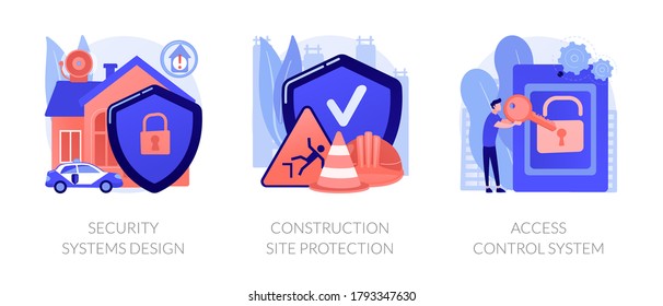 Construction Security Services Abstract Concept Vector Illustration Set. Security Systems Design, Construction Site Protection, Authorized Access Control System, Video Surveillance Abstract Metaphor.