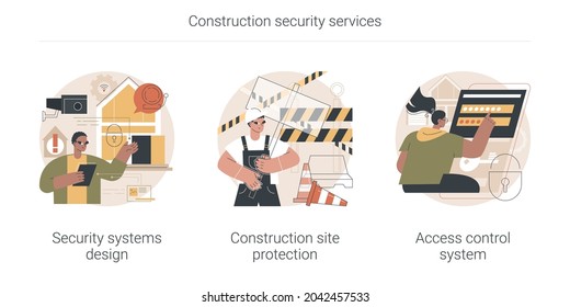 Construction Security Services Abstract Concept Vector Illustration Set. Security Systems Design, Construction Site Protection, Authorized Access Control System, Video Surveillance Abstract Metaphor.