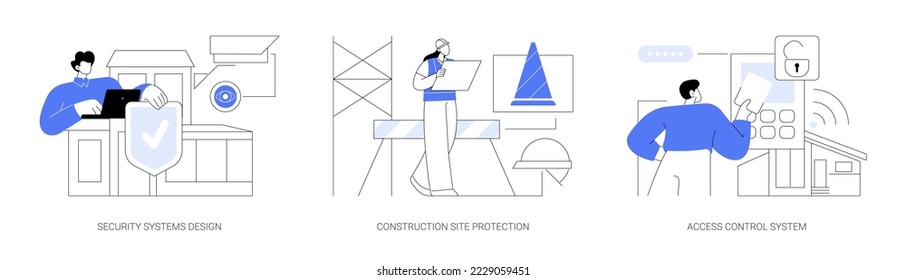 Construction security services abstract concept vector illustration set. Security systems design, construction site protection, authorized access control system, video surveillance abstract metaphor.