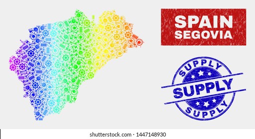 Construction Segovia Province map and blue Supply scratched stamp. Colorful gradient vector Segovia Province map mosaic of workshop items. Blue rounded Supply stamp.
