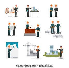 Construction ser, engineering industrial workers, builders working with building tools and equipment vector Illustrations on a white background
