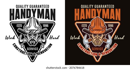 Construction service and renovation works vector vintage emblem, label, badge or logo with worker head in hard hat. Illustration in two styles black on white and colorful on dark background