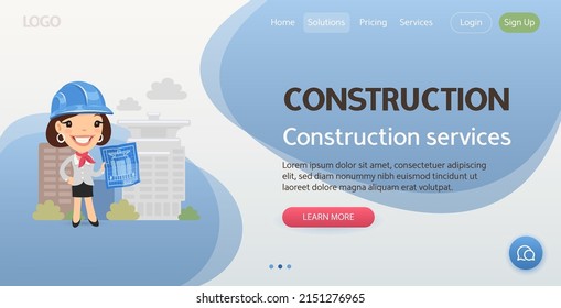 Construction services website template. Illustration of a cartoon smiling architect holds a blueprint of a project on the background of a new building. Composition with a professional.