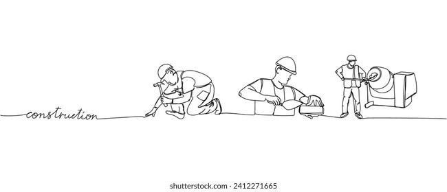 Construction set, builder picking up concrete from a concrete mixer one line art. Continuous line drawing of repair, people, concept, support, maintenance with inscription, lettering, handwritten.