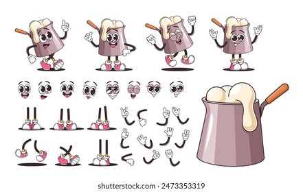 Construction Set Featuring A Retro Cartoon Dairy Product Character With Various Facial Expressions, Hands, And Poses