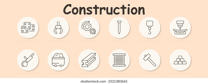 Ícone do conjunto de construção. Suporte, gancho de guindaste, engrenagens, unha, roldana, máquina de dobra, correia transportadora, haste de aço, rolo de tecido, martelo, barra de ouro, processamento