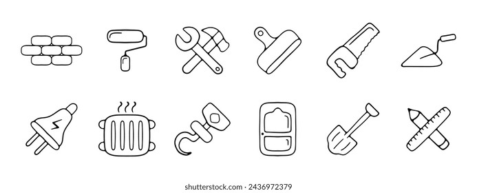 Construction set icon. Brick, saw, hammer, roller, cutter, window, pencil, ruler, builder, cement, putty, building house, repairing. Builder concept. Vector line icon on white background.