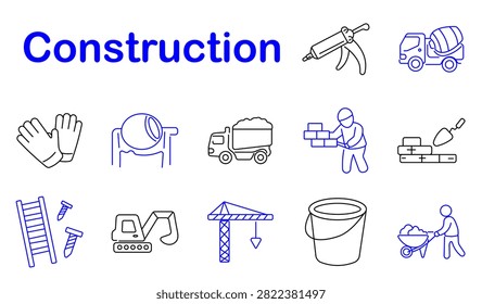 Construction set icon. Caulking gun, cement mixer, protective gloves, concrete machinery, cargo transport, bricklayer worker, trowel masonry, ladder equipment, excavator vehicle, tower crane