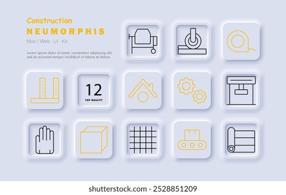 Ícone do conjunto de construção. Coluna, misturador de cimento, rolo, fita de medição, tijolos, engrenagens, fundação, rede, transportador, planta, ferramentas de trabalho