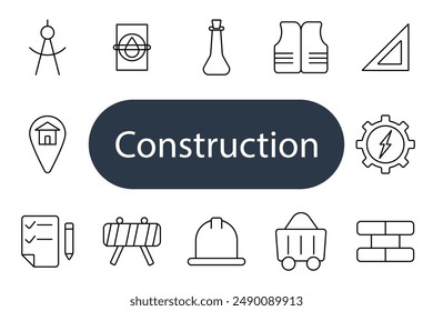 Construction set icon. Compass, blueprint, safety vest, ruler, pin, hard hat, wheelbarrow, bricks. Building and engineering concept.