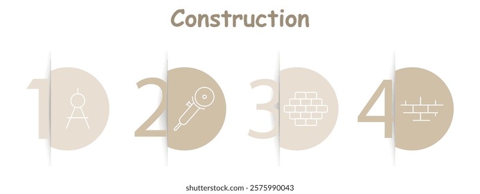 Construction set icon. Compass, circular saw, brick stack, brick wall, building tools, structure planning, construction materials.