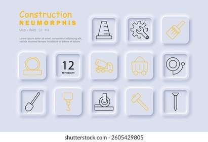 Construction set icon. Cone, truck, hammer, hook, nail, shovel, gear, trolley, brush, roller, cable, machinery, building tools, equipment