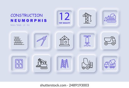 Construction set icon. Crane, bulldozer, cement truck, forklift, dump truck, jackhammer, ladder, compasses, house, window, bricks, excavator.