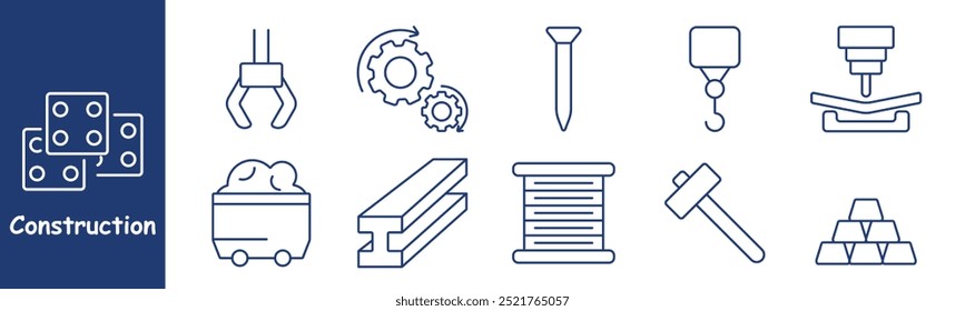 Ícone do conjunto de construção. Guindaste, engrenagens, unha, gancho, vigas de aço, martelo, folha de metal, materiais, carrinho de mineração, montagem, processo de fabricação, materiais de construção, equipamento pesado, ferramentas de construção