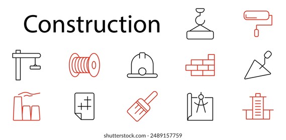 Symbol für Baugruppen. Kran, Schutzhut, Farbrolle, Kelle, Blaupause, Gebäude, Werkzeuge, Helm, Ziegel, Industrie, Ingenieurwesen, Architektur, Baustelle, Sicherheit, Planung, Entwicklung.