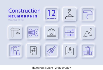 Construction set icon. Crane, hard hat, bricks, trowel, blueprint, construction tools, roller, building site, architecture, construction equipment, safety gear, masonry