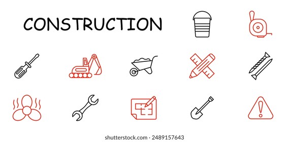 Construction set icon. Crane, truck, house, compass, bulldozer, jackhammer, dump truck, ladder, forklift, bricks, mixer, site equipment.