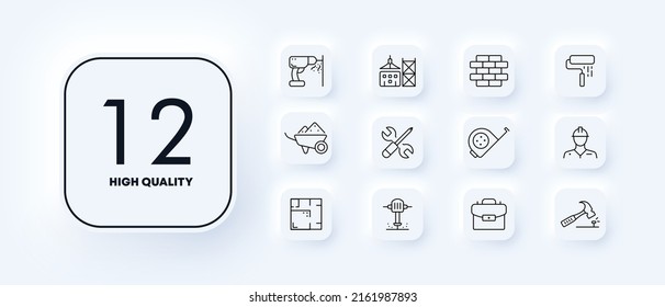 Construction set icon. Drill, blocks, brick, roller, cart, tape measure, builder, worker, plan, puncher, blueprint, hammer, suitcase. Neomorphism style. Vector line icon for Business and Advertising