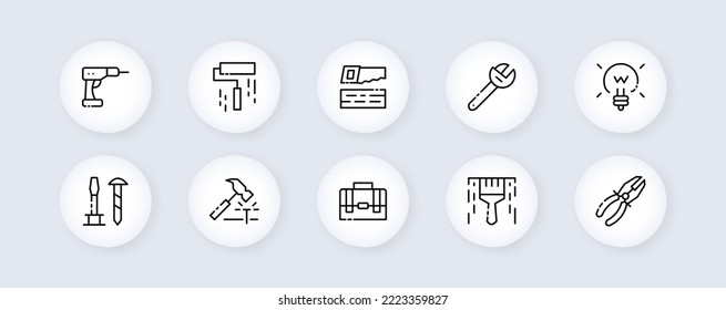 Construction set icon. Drill, saw, wood, wrench, adjustable wrench, lamp, electricity, self-tapping screw, hammer, brush, pliers. Vector line icon for Business and Advertising