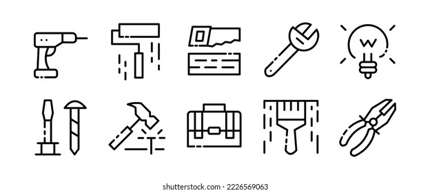 Symbol für Baugruppen. Bohrer, Säge, Holz, Schlüssel, verstellbare Schlüssel, Lampe, Strom, selbstschneidende Schraube, Hammer, Bürste, Zangen. Vektorschwarz-Set-Symbol auf weißem Hintergrund für Unternehmen