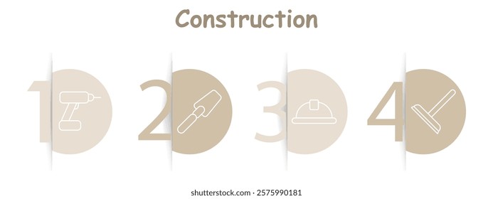 Construction set icon. Drill, trowel, helmet, window squeegee, tools, equipment, safety, building, renovation, construction.
