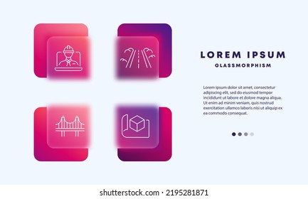 Construction set icon. Engineer, builder, protective helmet, laptop, bridge, cube, designer, three dimensional. Engineering concept. Glassmorphism style. Vector line icon for Business and Advertising.