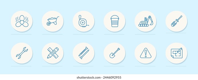 Construction set icon. Equipment, numbering, fan, heavy equipment, shovel, nails, pencil, ruler, warning sign, screwdriver, wrench. Construction equipment concept. Vector line icon.