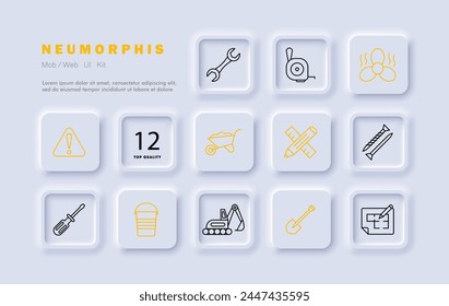 Construction set icon. Equipment, numbering, fan, heavy equipment, shovel, nails, pencil, ruler, warning sign, screwdriver, wrench. Construction equipment concept. Neomorphism style.