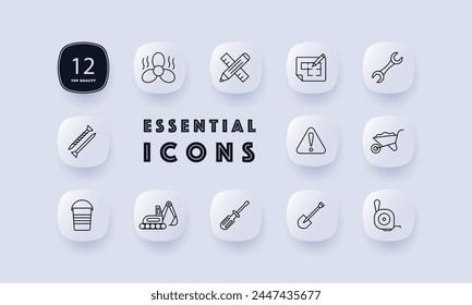 Construction set icon. Equipment, numbering, fan, heavy equipment, shovel, nails, pencil, ruler, warning sign, screwdriver, wrench. Construction equipment concept. Neomorphism style.