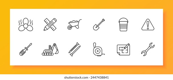 Construction set icon. Equipment, numbering, fan, heavy equipment, shovel, nails, pencil, ruler, warning sign, screwdriver, wrench. Construction equipment concept. Vector line icon.