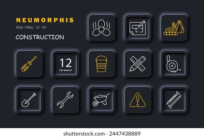 Icono de conjunto de construcción. Equipo, numeración, ventilador, equipo pesado, pala, clavos, lápiz, Regla, señal de advertencia, destornillador, llave. Concepto de equipo de construcción. Icono de línea de Vector.