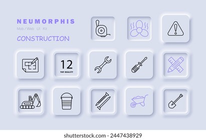 Icono de conjunto de construcción. Equipo, numeración, ventilador, equipo pesado, pala, clavos, lápiz, Regla, señal de advertencia, destornillador, llave. Concepto de equipo de construcción. Icono de línea de Vector.