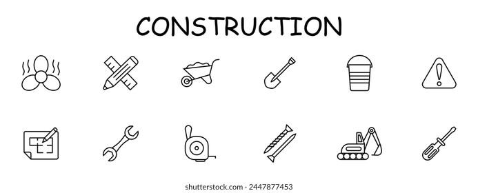 Construction set icon. Equipment, numbering, fan, heavy equipment, shovel, nails, pencil, ruler, warning sign, screwdriver, wrench. Construction equipment concept. Vector line icon.