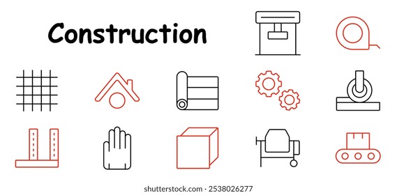 Ícone do conjunto de construção. Grade, estrutura de casa, planta, engrenagens, rolo, estrutura de construção, mão, bloco, misturador de cimento, transportador