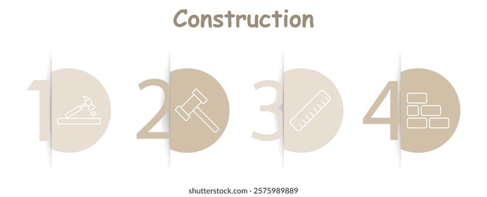 Construction set icon. Hammer with nail, mallet, ruler, bricks, tools, measuring, building, material assembly