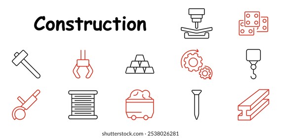 Ícone do conjunto de construção. Martelo, braço robótico, barras de metal, máquina de processamento, engrenagem, gancho, rolo, carretel, carrinho, parafuso, feixe.