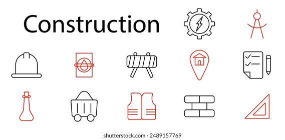 Construction set icon. Hard hat, blueprint, brick, crane, paint roller, trowel, safety, construction site, architecture, building, tools, helmet, machinery, structure, design, development, engineering