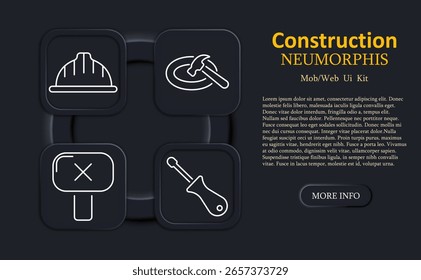 Construction set icon. Hardhat, hammer on surface, blocked sign, screwdriver rendered in clean white outlines on neumorphic dark square UI components