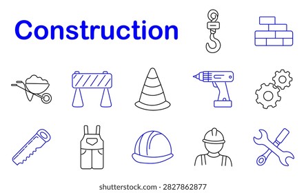 Construction set icon. Industrial hook, brick masonry, wheelbarrow transport, safety barrier, traffic cone, electric drill, mechanical gears, handsaw equipment, worker overalls, protective helmet, engineer