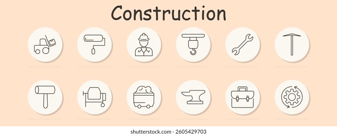 Construction set icon. Loader, roller, worker, crane, wrench, pickaxe, mallet, mixer, container, anvil, case, gear, representing workforce and machinery in site