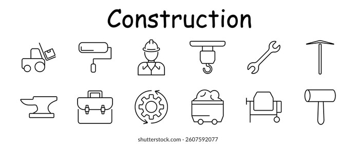 Construction set icon. Loader, roller, builder, crane hook, wrench, pickaxe, anvil, toolbox, gear cycle, cart, mixer, mallet. Engineering, site tools, labor, mechanical operation.