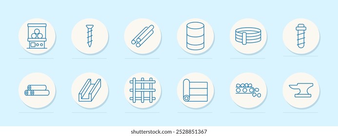 Construction set icon. Machine, screw, pipe, barrel, metal roll, steel beam, rebar, metal sheet, raw materials, anvil, construction industry, equipment, steel production, building materials, hardware