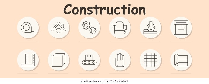 Ícone do conjunto de construção. Fita de medição, telhado, engrenagens, misturador de cimento, prensa de rolos, suporte de estrutura, bloco, transportador, mão, estrutura de grade, rolo, materiais