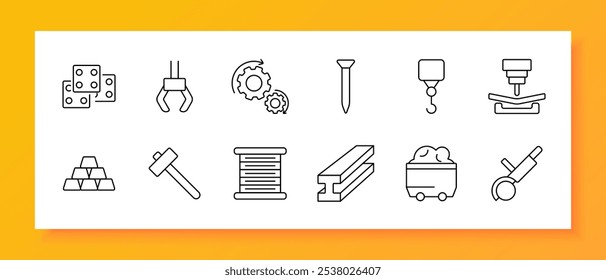 Icono de conjunto de construcción. Cinta métrica, casa, viga de acero, engranajes, mezclador, transportador, malla de alambre, rodillo, plano, mano. Los iconos representan herramientas y materiales utilizados en proyectos de construcción y construcción