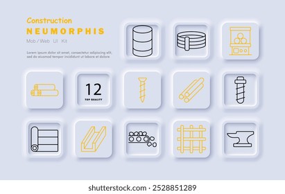 Ícone do conjunto de construção. Tambor de metal, correia, misturador de cimento, toras de madeira, garantia de qualidade, parafuso, tubos de aço, fita de construção, haste de ferro, transportador, grade de metal, bigorna, viga.