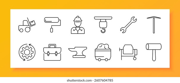 Construction set icon. Outline icons of forklift, roller, worker, crane hook, wrench, pickaxe, gear, briefcase, anvil, mining cart, cement mixer, mallet with minimal line style
