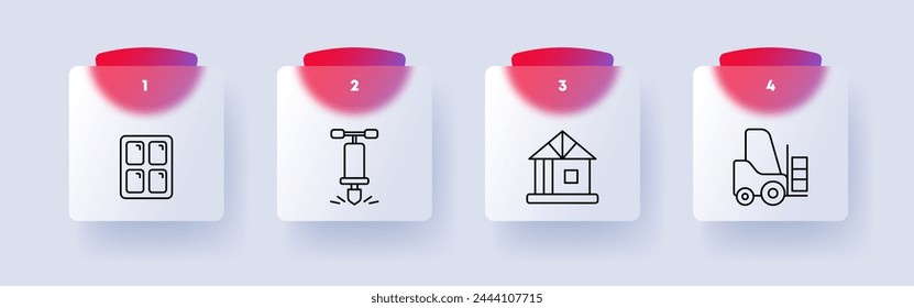 Construction set icon. Repair supplies, equipment, numbering, bump stop, workplace, house, foundation, cascade, window, transportation vehicle. Construction equipment concept. Glassmorphism style.