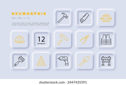 Construction set icon. Repair supplies, equipment, saw, roller, pliers, brush, cone. fence, helmet, drill, spatula, windbreaker, jacket, uniform, hammer. Neomorphism style.