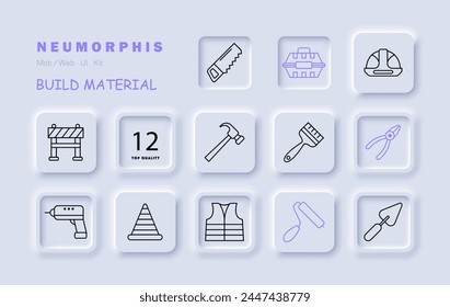 Construction set icon. Repair supplies, equipment, saw, roller, pliers, brush, cone. fence, helmet, drill, spatula, windbreaker, jacket, uniform, hammer. Vector line icon.