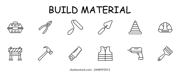 Construction set icon. Repair supplies, equipment, saw, roller, pliers, brush, cone. fence, helmet, drill, spatula, windbreaker, jacket, uniform, hammer. Vector line icon.